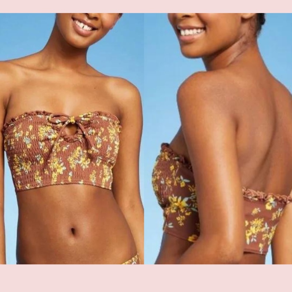 Xhilaration smocked stretchy Brown Floral Bikini bando Top size M new